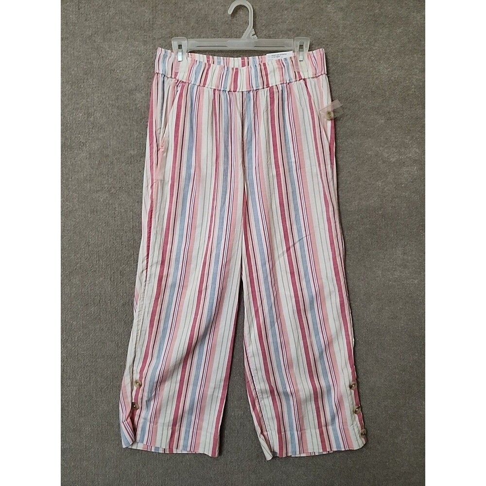 Croft Barrow Button Hem Pull-On Cropped Pants Womens S Pink Striped Beach NEW - Picture 2 of 10